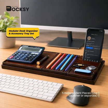 Premium 5-Piece Modular Wooden Desk Organizer Tray Set