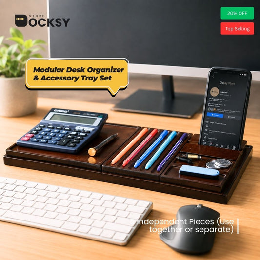 Premium 5-Piece Modular Wooden Desk Organizer Tray Set