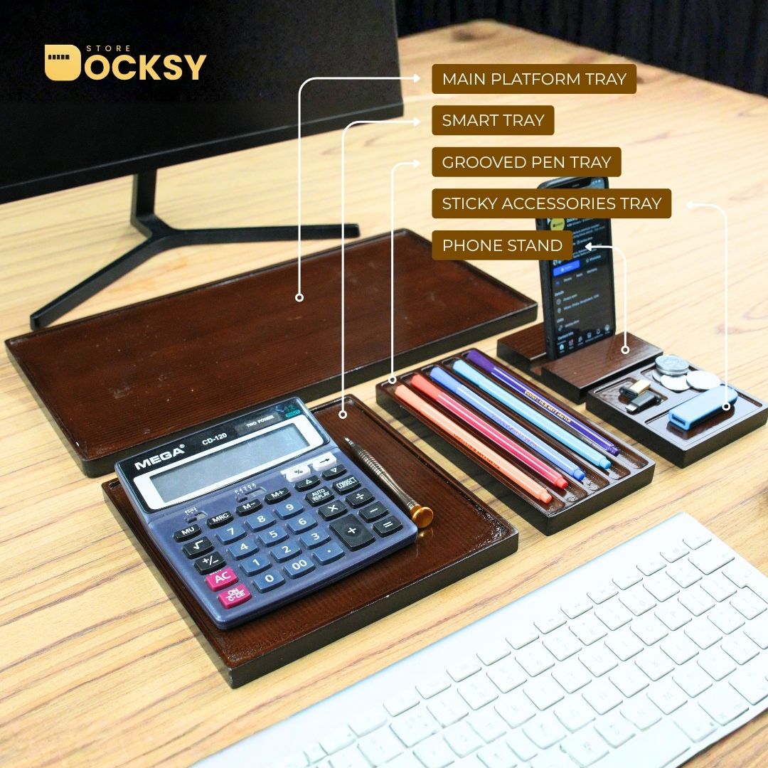 Premium 5-Piece Modular Wooden Desk Organizer Tray Set