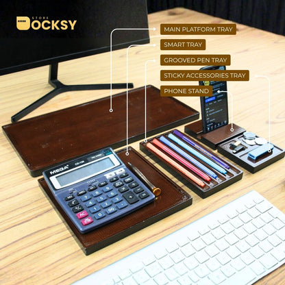 Premium 5-Piece Modular Wooden Desk Organizer Tray Set