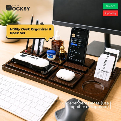 Premium 6-Piece Utility Wooden Desk Organizer Dock Set