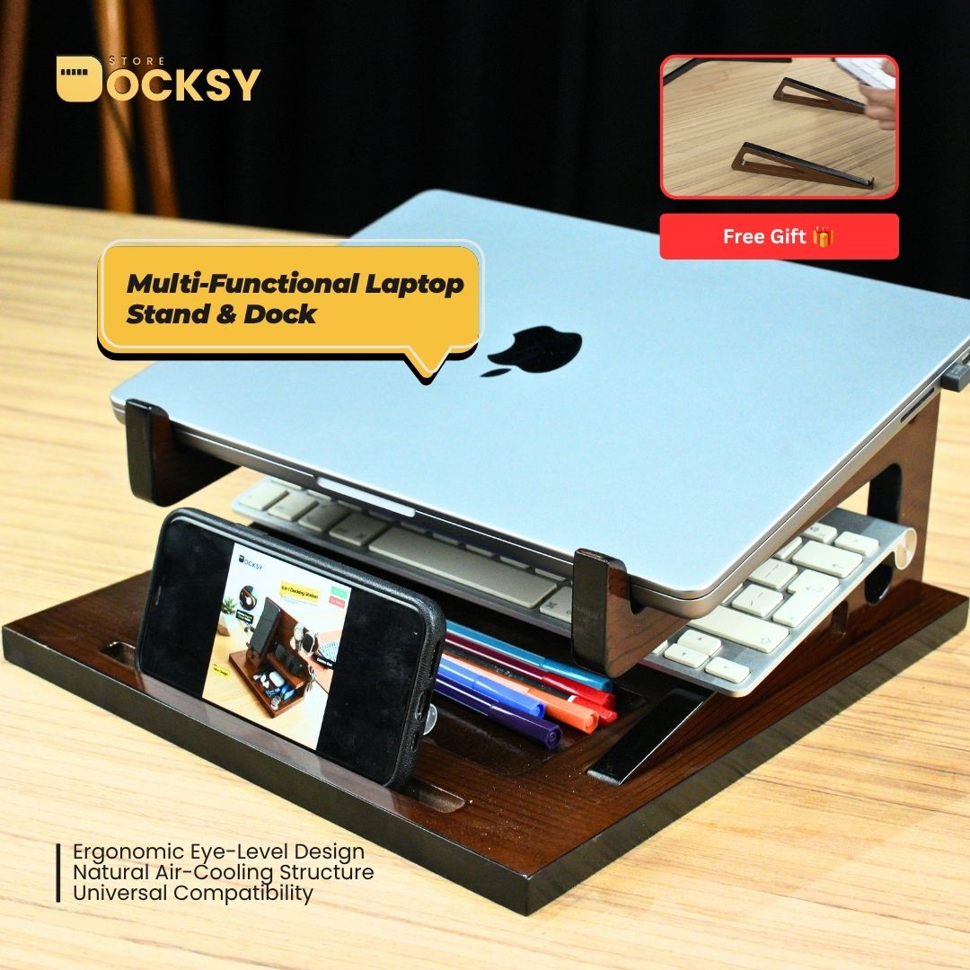 2-in-1 Multi-Functional Wooden Laptop Stand & Vertical Docking System