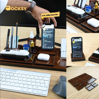 Premium 6-Piece Utility Wooden Desk Organizer Dock Set