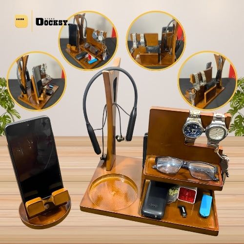 Docksy CoreDock—Premium 7-in-1 Desk Wooden Docking Station with Headphone Stand
