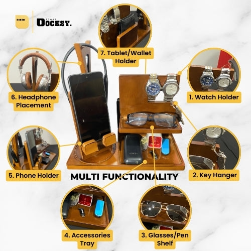 Docksy CoreDock—Premium 7-in-1 Desk Wooden Docking Station with Headphone Stand