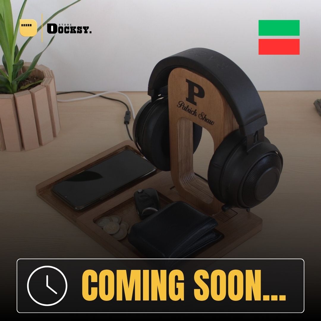 Wooden headphone stand, phone & accessories organizer